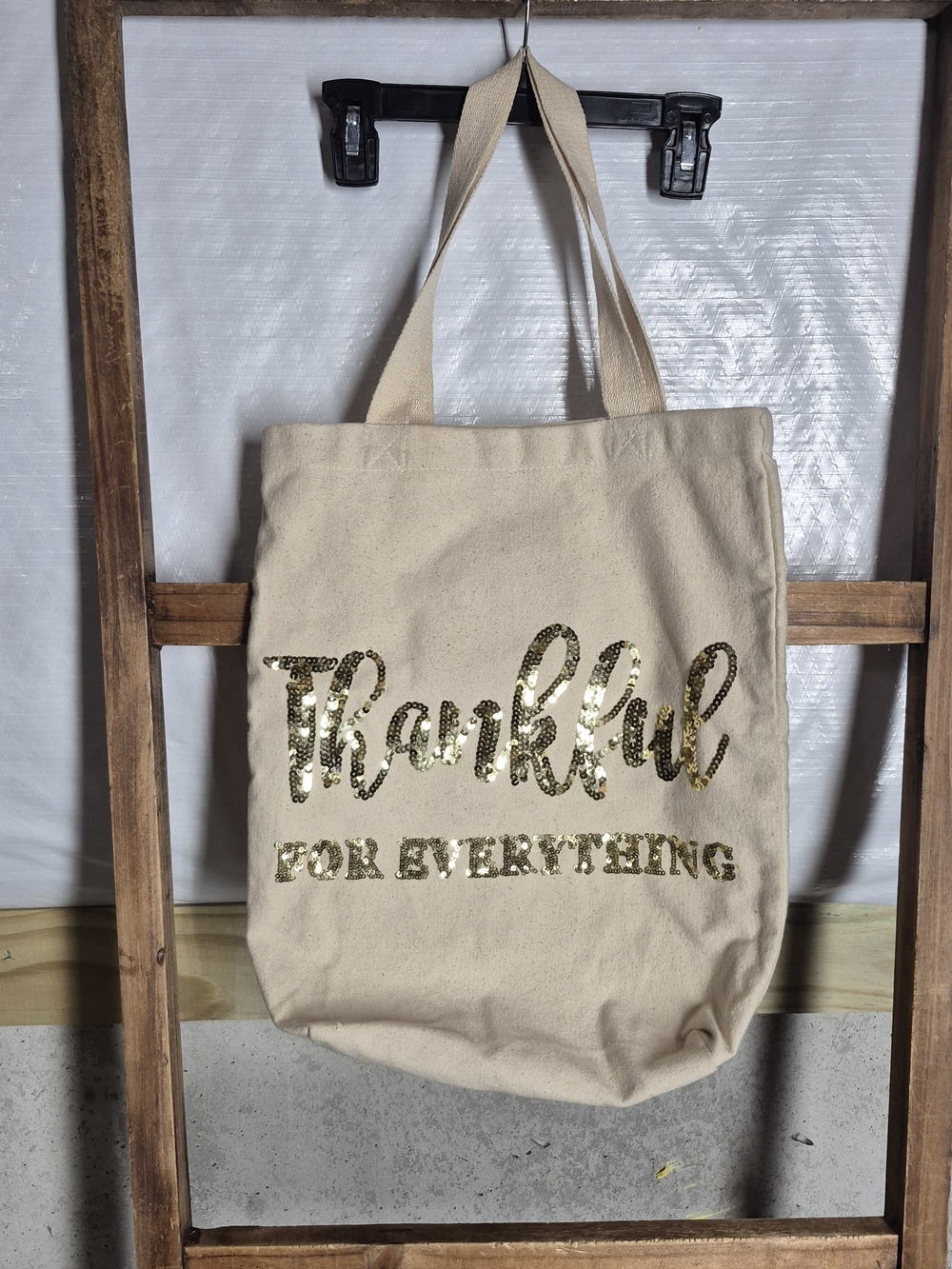 Mud Pie Neutral Canvas Tote with Gold Sequin "Thankful"